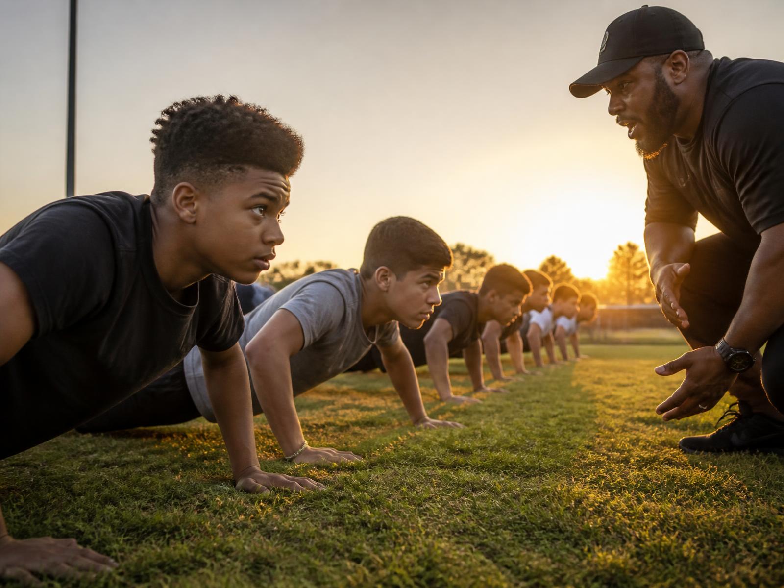 Young men training with a coach at sunrise